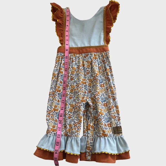 Busy Bee Smocks Honey Floral Ruffle Hem Romper Overalls Blue Rust Gold 18M - Picture 11 of 11